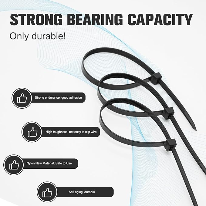 Black Zip Ties Assorted Sizes 4+6+8+10+12-Inch，600PCS Multi-Purpose Self-Locking Nylon Cable Tie,Wire Tie Perfect for Home,Garden Trellis,Office,Garage and Workshop.