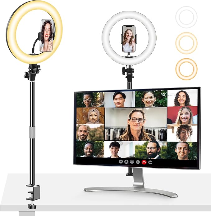 Ring Light for Computer Video Conferencing Recording/Zoom Meeting-10'' Desk Ring Light with Mount Stand,Stream Lights with 14.2-24 in Adjustable Clamp Stand & Phone Holder for Webcam/Camera