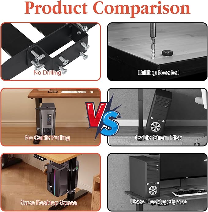PC Mount Under Desk - No Drilling, Adjustable Height and Width Clamp Leg PC Bracket, Computer Mount Under Table for Standing Desks with 44lb Capacity