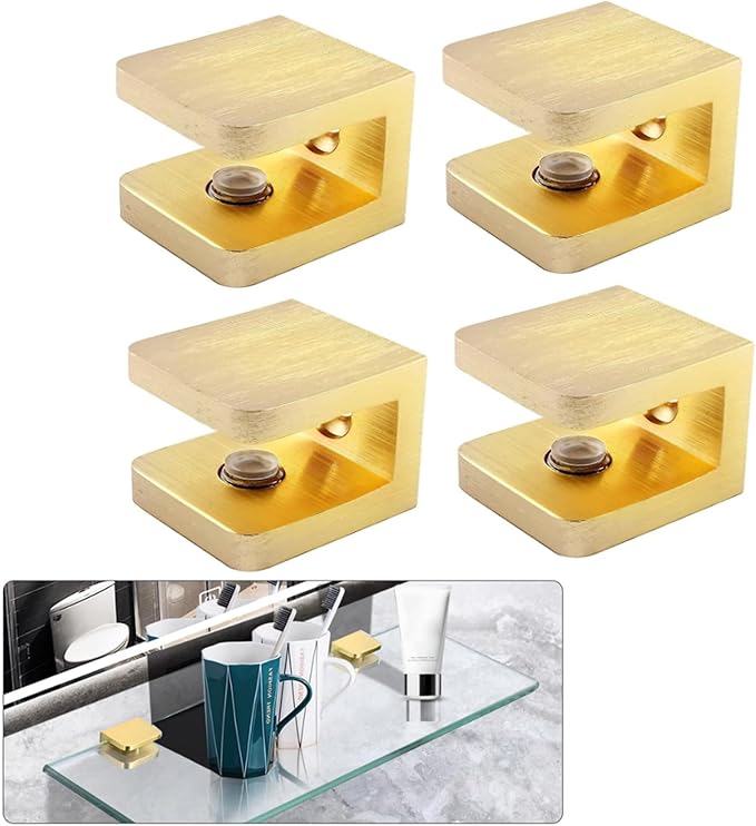 AWEN 4 Pcs Adjustable Glass Shelf Brackets, Solid Brass Glass Clamp No-Drill Glass Holder Clip Support for 8mm - 10mm Thickness Glass (Brushed Brass)