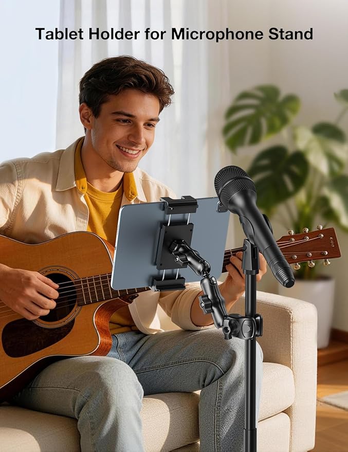 PLDHPRO Tablet Holder for Mic Stand,iPad Clamp Mount with Long Arm,360°Rotating Adjustable Tablet Mount for Microphone Stand,Fits 5.1"-15.6" iPad Pro 12.9, Galaxy,iPhone