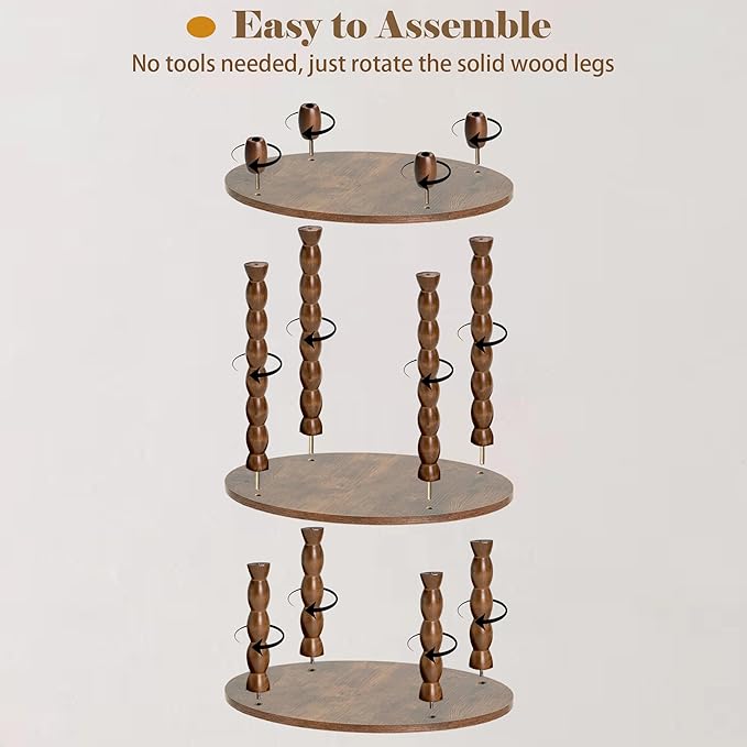 3-Tier Oval Side Table with Solid Wood Legs, Small End Table with Storage Shelves for Living Room Bedroom, Modern Night Stand Accent Table for Small Spaces, Easy Assembly