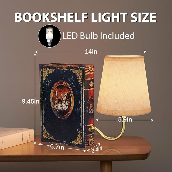 Gold Warm Light Vintage Bookshelf Lamp Rechargeable, Cordless Bookcase Lamp with Linen Shade, Dimmable Touch Control Table Lamp, Modern Decorative Bookend, Bookshelf Lights for Office Home