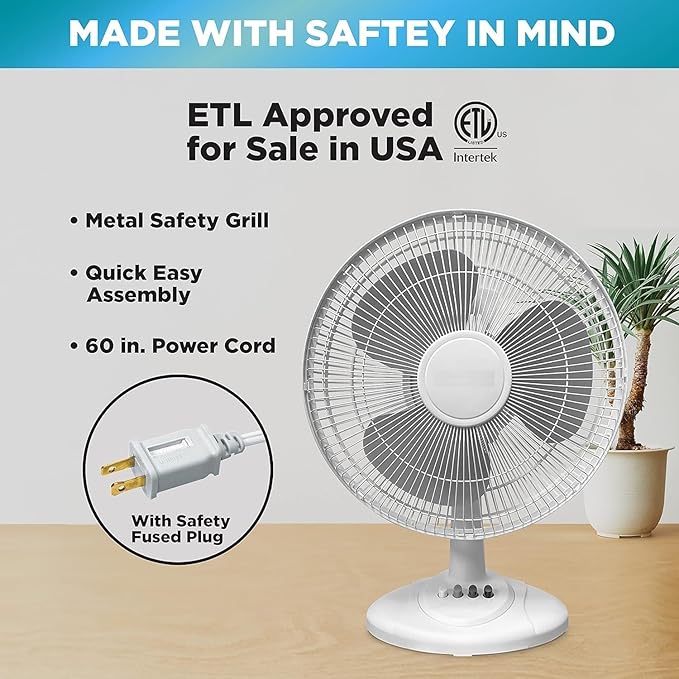 EZ-CHILL 16” Oscillating Table Fan with Adjustable Tilt, Convenient Push Button Controls, Quiet, 3 Speed, Desk Fan, Airflow 15.75 ft/sec, Ideal for Home, Bedroom, Dorm & Office, MTFD-16-BLK