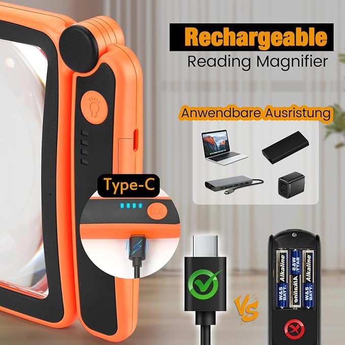 Rechargeable Magnifying Glass with Light for Reading, 5X Large Page Lighted Magnifier for Seniors Low Vision, Folding Handheld Rectangle Magnifier for Reading Small Print Orange-Black