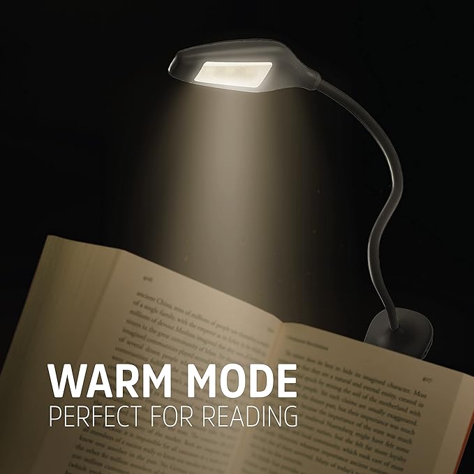 Energizer Rechargeable LED Book Light, Clip On Reading Light with Adjustable Light Modes, USB Charging Cable Included, Pack of 1, Black