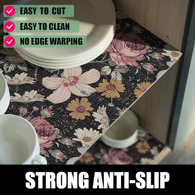 Black Retro Floral Shelf Drawer Liner for Kitchen Cabinets Non-Adhesive, Waterproof Strong Non-Slip Shelf Cabinet Drawer Liners for Dresser Table Cupboard Liners,Easy to Clean,12IN x 10FT