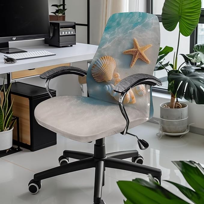 Talayituse Starfish Beach Seashell Print Office Chair Covers, Stretch Computer Chair Cover, Universal Boss Chair Covers Modern Simplism Style High Back Chair Slipcover, Small