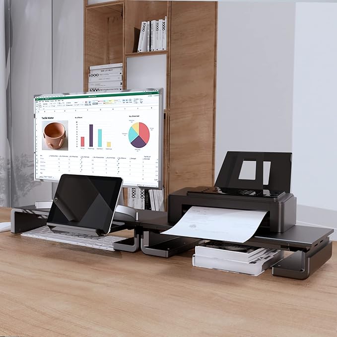 Monitor Stand Riser, Klearlook Foldable Computer Monitor Riser, Height Adjustable Computer Stand, Desk Shelf Riser with Storage Drawer & Tablet Phone Stand for Computer, Desktop, Laptop (Black 2 Pack)