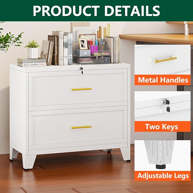 winiowa 2 Drawer File Cabinet, Metal Lateral File Cabinet with Lock, Locking Filing Cabinets for Home Office,Wide Office Storage Cabinet for Hanging Files Letter/Legal/F4/A4 Size (White, 2-Drawer)