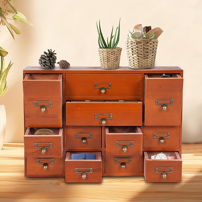 Vintage Desktop Apothecary Cabinet with 12 Drawers,Wood Desktop Organizers Stackable Drawers Desktop Chest Drawer for Herb Storage,Tea Collection,Stationery (12 Drawers,Brown)