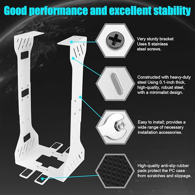 Heavy Duty Adjustable Under Desk PC Holder 7.5 to 12 Inch Wide, Supports up to 80 Lbs Load Capacity, Under Desk PC Mount, Wall Mount Space Saving Computer Case Tower Holder-White