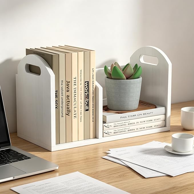 Wood Desktop Bookshelf, Upright Tabletop Book Shelf With Adjustable Divider Secure Books in Place, Desk Shelf for Top of Desk in Living Room Home Office, Perfect for Books Magazine File (White)