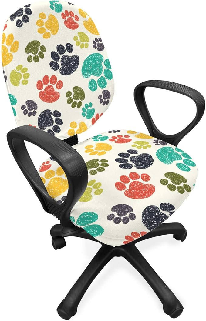 Ambesonne Dog Lover Office Chair Slipcover, Hand Drawn Paw Print Doodles Circular Pattern Children Drawing Style Animal, Protective Stretch Decorative Fabric Cover, Standard Size, Charcoal Beige