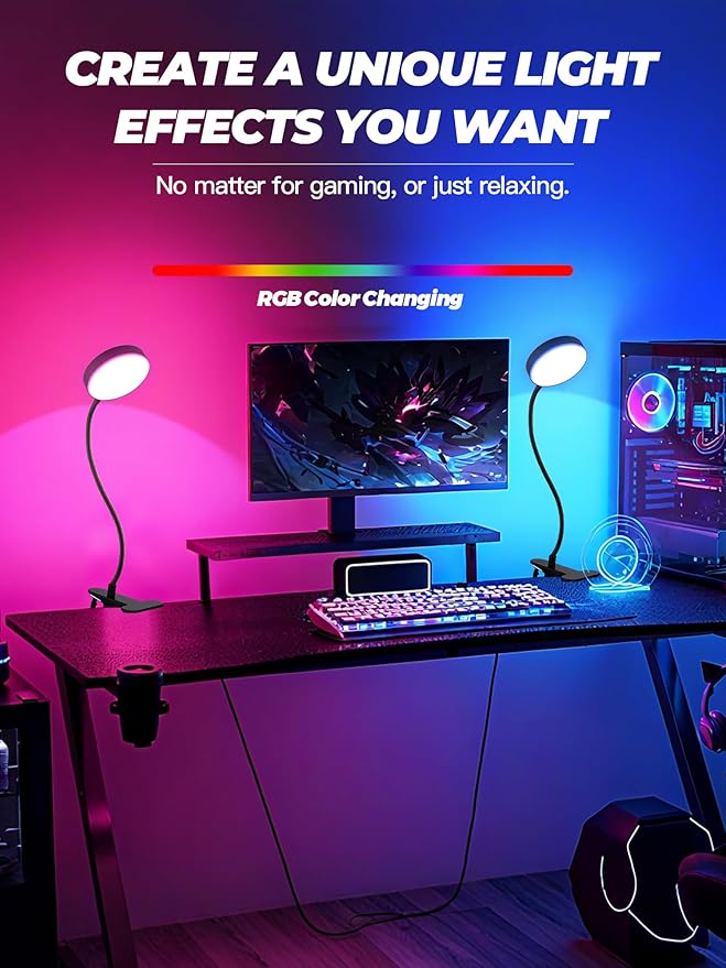 Clip on Light,10 RGB Colors&10 Brightness Clip on Lamp,500LM Bright Reading Light for Bed,Clip on Desk Lamp Reading Lamp with USB Adapte for Bed/Headboard/Bedside/Desk/Puzzle/Craft