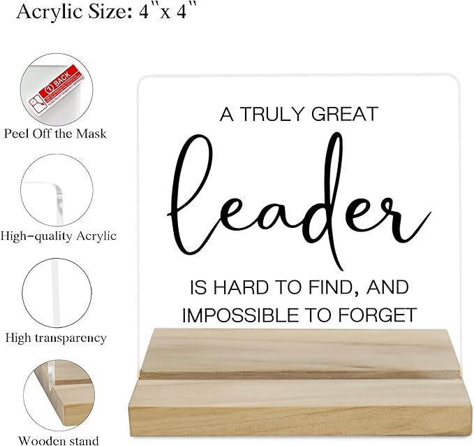 Gifts for Boss Desk Decor Sign, Acrylic Plaque Gift for Coworker Leader, Great Leader is Hard to Find Sign