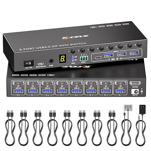 8 Port DisplayPort KVM Switch 4K@60Hz EDID Simulation, USB 3.0 DP KVM Switch for 8 Computers Share 1 Monitor and 4 USB Devices, Audio RS232,Wired Remote, 12V Power Supply & 8 USB Cables Included