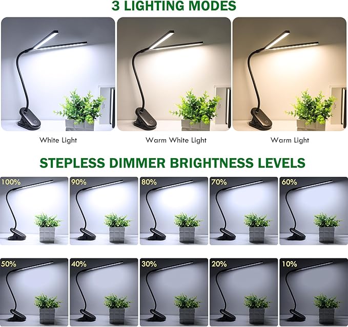 LED Reading Light with Clip, Desk Lamp 48 LEDs 2600mAh Battery USB Rechargeable Book Lights Stepless Adjustable Brightness Eye Protection Table Lamps for Bed Headboard, Home, Office - Black