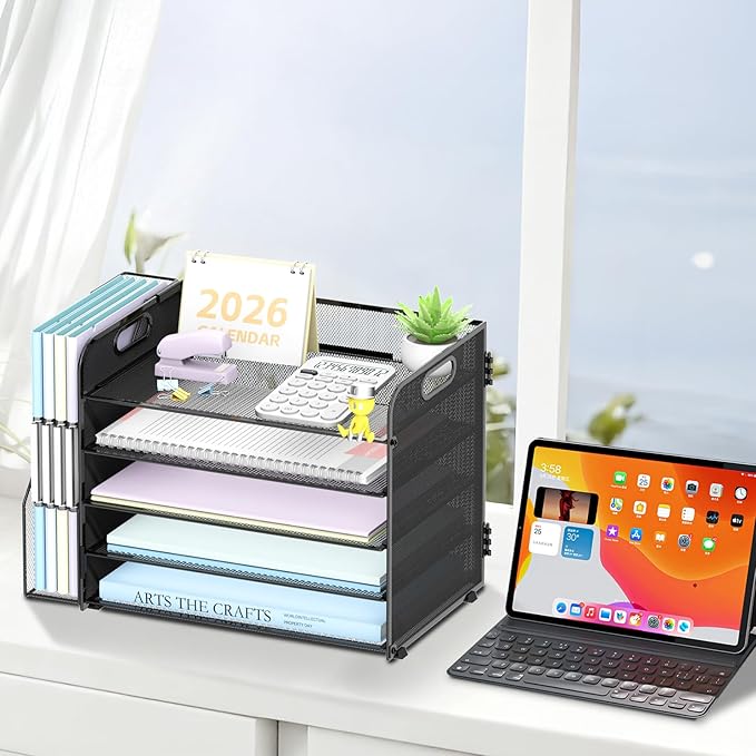 SUPEASY 5-Tier Desk Organizer with File Holder, Desk Organizers and Accessories, Paper Organizer for Desk, Mesh Desktop File Organizer, Workspace Organizers for Office Home School Classroom, Black