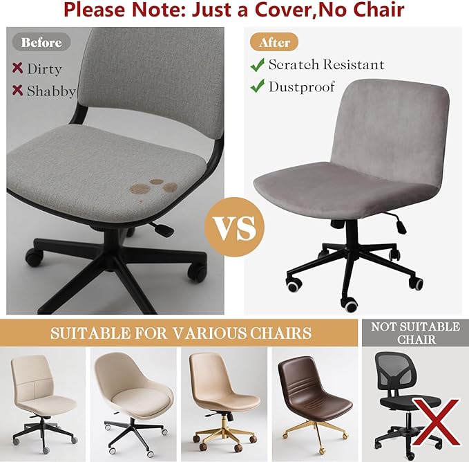 NICEEC Criss Cross Chair Cover Armless Office Dorm Desk Chair Covers Vanity Chair Covers Computer Mid Back Wide Seat Chair Without Arms Protector Spandex Stretch Slipcover Light Grey （Only Cover）