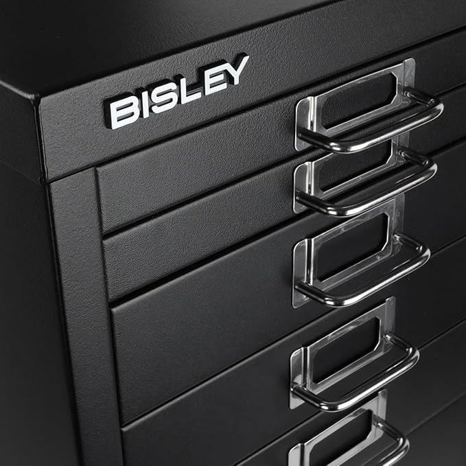 Bisley 8-Drawer Steel MultiDrawer Cabinet - Black, Chrome Pull Handles with Label Holders, Powder-Coated Steel, Removable Drawers, Fits Under Most Desks, Labels Included