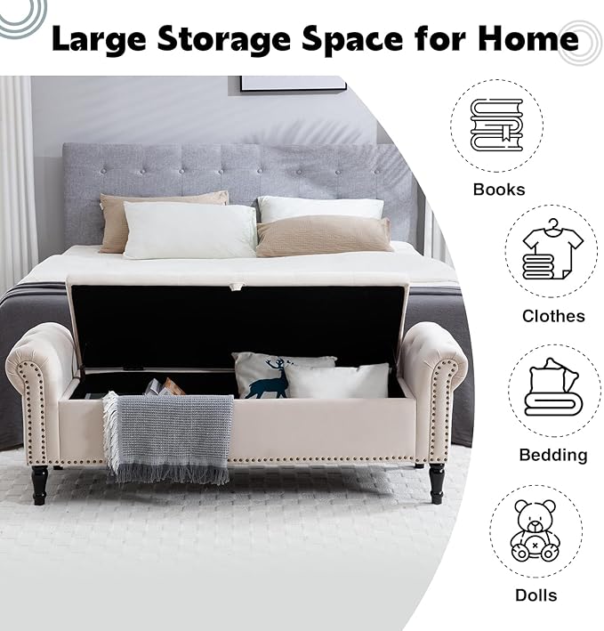 67'' End of Bed Storage Bench King Size, Storage Bench for Bedroom End of Bed, Upholstered Tufted Storage Ottoman Benches with Arms for Living Room, Entryway, Velvet Beige