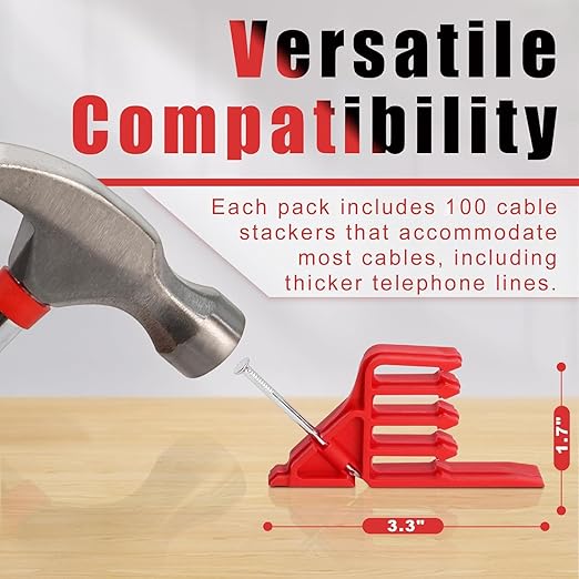Multi CableStaples Compatible with Romex Clips, Cable Clip Stackers 100 Pack Red with Steel Nails, Electrical Wire stackers, Insulated Cord Staples Multi Cable Wire Clips for Suitable Most Cables