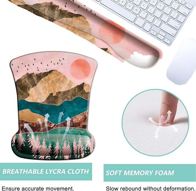 Keyboard Wrist Rest Pad Mouse Pad with Wrist Support Set of 3, Gaming Mousepad with Non-Slip Rubber Base, Ergonomic Memory Foam Mouse Cushion Support for Home Office Laptop Computer, Sunrise