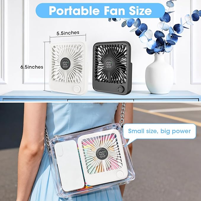 Ouddy Mode 2 Pack Small Desk Fan, Rechargeable Quiet Portable Travel Fan with 100 Wind Speeds Digital Display White and Black Personal Fans for Office Bedroom Home Outdoor