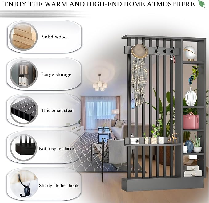 Wall Room Divider - Freestanding Wood Room Divider with Shelves and Coat Rack, Wall Divider with Storage Cabinet and Display Shelf, Freestanding Decor for Bedroom, Office