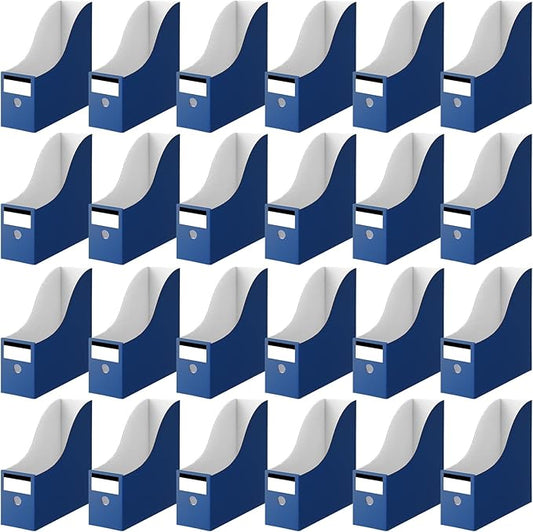 Thenshop 24 Pcs Cardboard Magazine File Holder Organizer, Desk File Organizer Box Foldable Book Bin Papers Storage Folder with Label for School Classroom Office Supplies(Classic,Navy Blue)