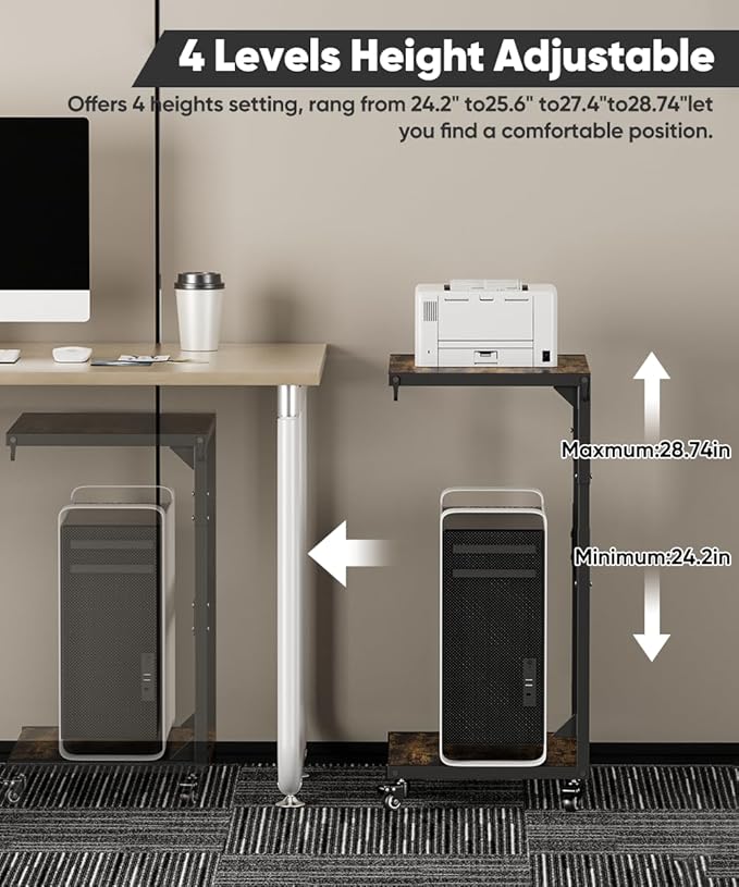 Computer Tower Stand, 2-Tier Metal CPU Holder Stand with Lockable Wheels, Adjustable Under Desk PC Shelf, Mobile Rolling Computer Cart for Home, Office, Gamers and Students, Black