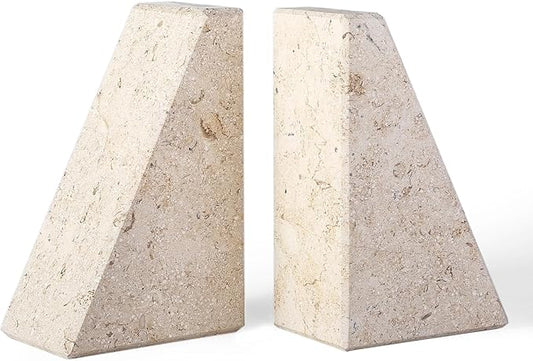 Karibiber Marble Bookends for Heavy Books, Decorative Book Ends for Shelves, Beige Stone Durable and Heavy-Duty Book Ends for Hardback Books & CDS, Unique Book Stopper & Holder, Set of 2