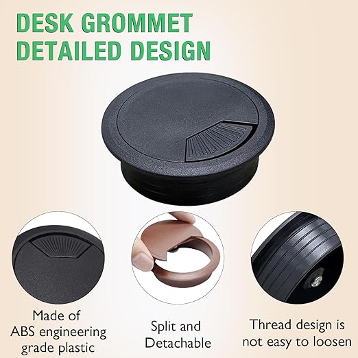 EASYEAH 2 Pcs Desk Grommet 2" / 50 mm, Desk Cord Hole Cover, Cable Grommet ABS Plastic, Desk Hole Grommet for Home & Office Pc, Detachable Adjustable Cable Cord Organizer-Black