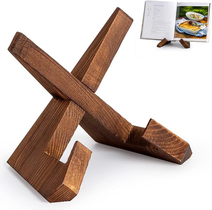 Cookbook Stand, Wooden Recipe Book Holder, Cook Book Stand for Kitchen Counter, Multifunctional Display, Kitchen Counter Decor - Brown
