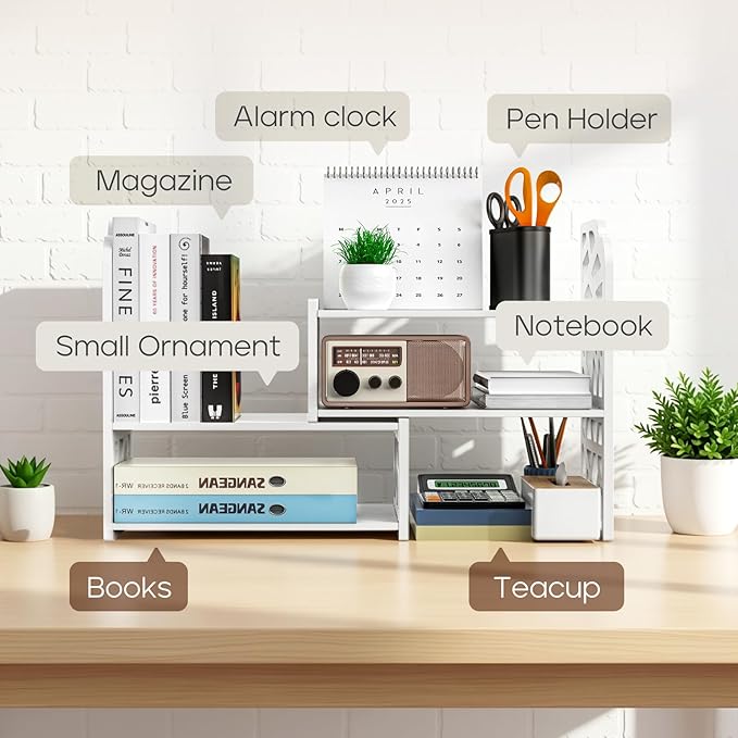 Desktop Shelves, Adjustable White Bookshelf Desktop Organizer and Desktop Storage