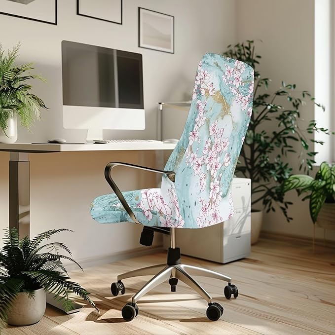 Talayituse Cherry Blossom Marble Print Office Chair Covers, Stretch Computer Chair Cover, Universal Boss Chair Covers Modern Simplism Style High Back Chair Slipcover, Small