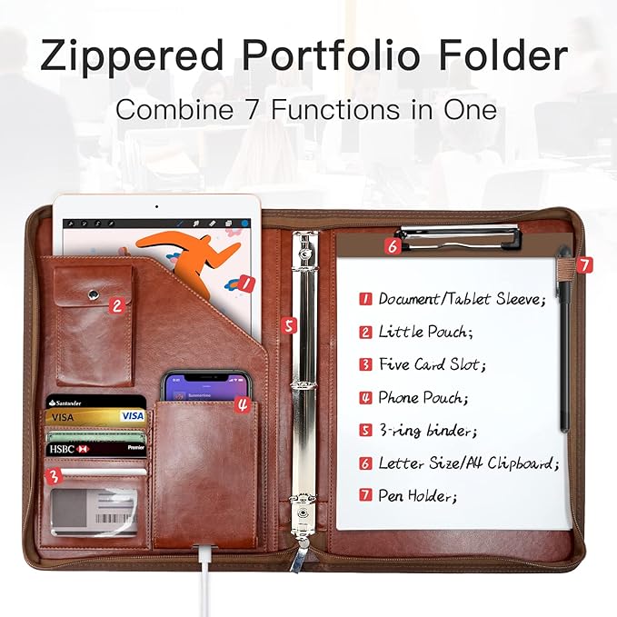 Zippered Portfolio Organizer, WRIYES Leather Padfolio with 3 Ring Binder, Professional Business Binder, Organizer for IPad/Document, Phone & Business Cards, Office Gifts for Men or Women (Brown)