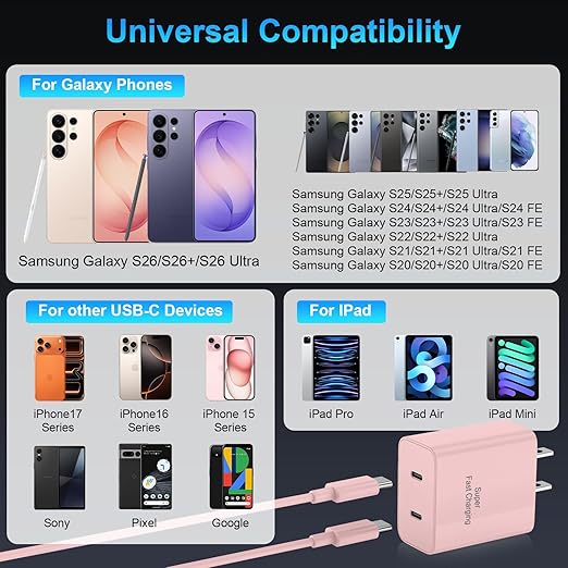 iPhone 17 16 15 Charger Fast Charging, 45W Dual USB C Phone Charger Block with 6FT Long Type C Cable Cord for Apple iPhone 17/Pro/Pro Max/17 Air/16 Pro/16 Pro Max/15 Plus/15 Pro/iPad/S26 Ultra(Pink)