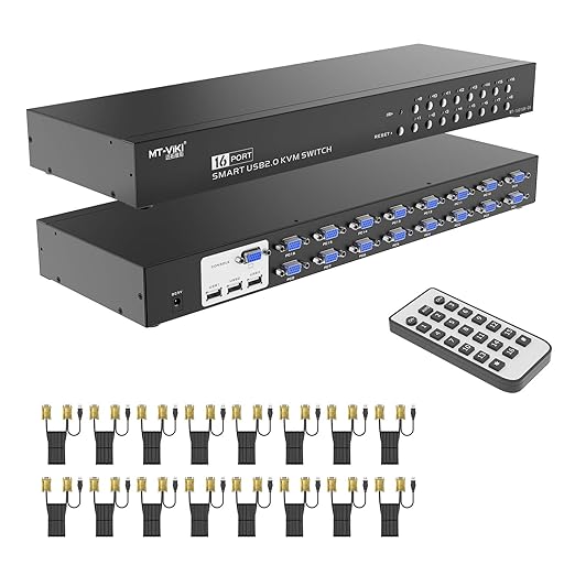 MT-VIKI 16 Port KVM Switch, 16X1 Rackmount KVM Switch VGA, Included 16 KVM Cables & Remote, Fit 1U 19'' Rack
