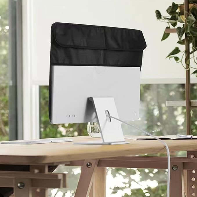 Monitor Dust Cover for iMac 24 inch PU Leather Anti-Static Dustproof Protective Cover for LCD/LED/HD Panel Case Computer Sleeve Monitor Dust Cover with Rear Pocket (Black, 24inch)