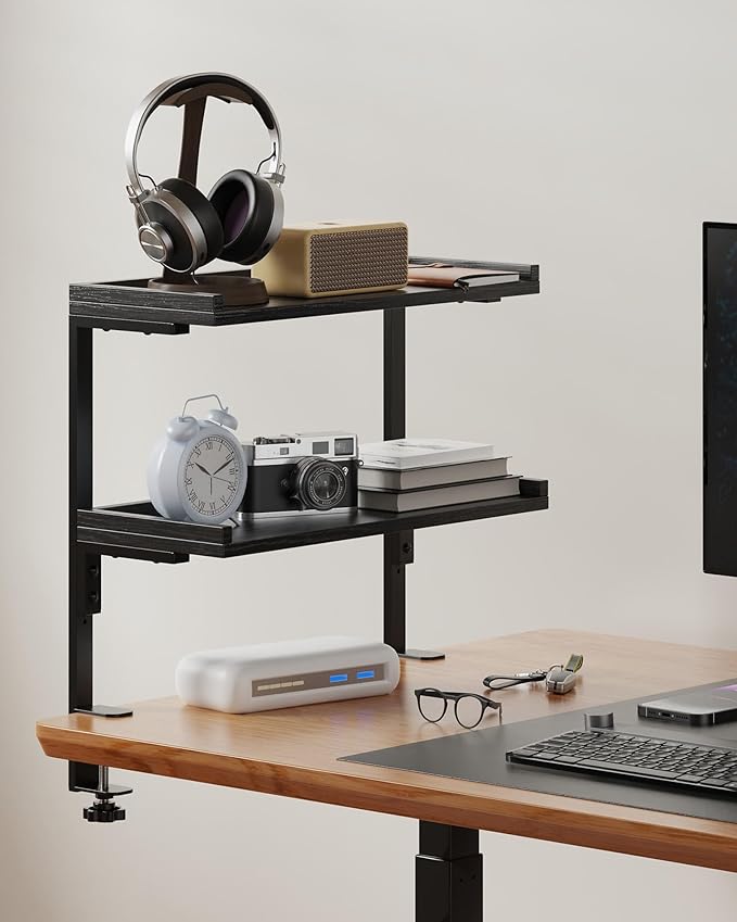 Clamp On Desk Shelf 2-Tier, 16.5 in Wood Shelving Unit for Office Desk/Gaming Accessories, Tabletop Book Storage Rack, Shelf for Top of Desk, Black