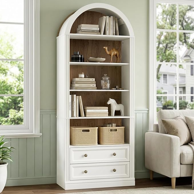 RALGEND Farmhouse Arched Bookshelf Set of 2, 7 Tiers Arch Bookcase with 2 Spacious Drawers, Modern Book Shelf with Open Display Shelves and Storage Cabinet, for Office, Living Room, Walnut and White