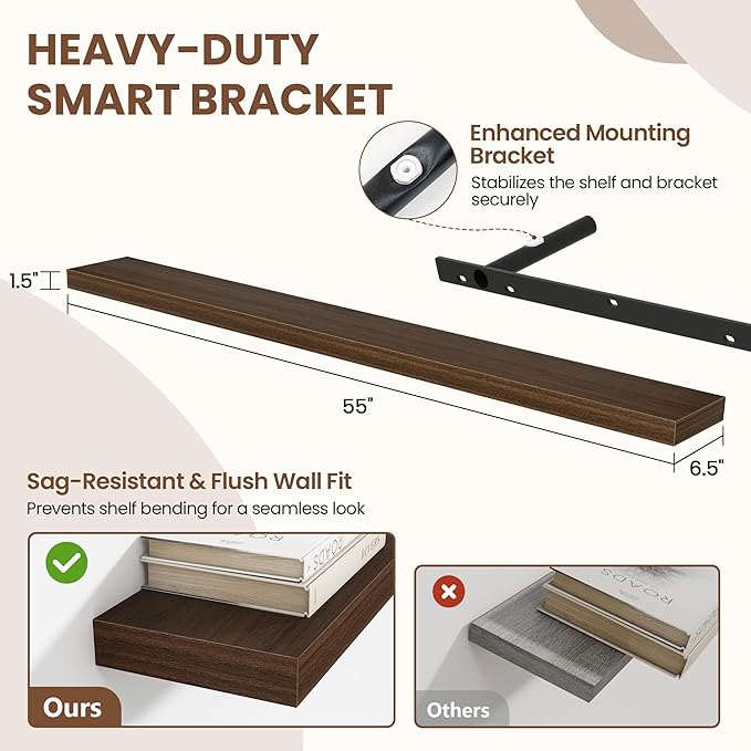 Acovy 55 Inch Floating Shelves for Wall 1 Pack, 55" Wall Shelves for Books, Storage, Decor, Wall Mounted Floating Shelf with Invisible Brackets for Kitchen, Living Room, Walnut
