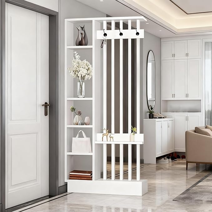 Wall Room Divider - Freestanding Wood Room Divider with Shelves and Coat Rack, Wall Divider with Storage Cabinet and Display Shelf, Freestanding Decor for Bedroom, Office