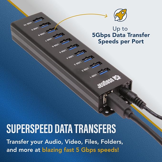USBGear 10-Port USB Hub 3.2 Gen 1 – Mountable SuperSpeed Data Hub with USB Ports for Laptop, PC, Desktop, and More, 5V/4A Power Adapter with Type-A to Type-B Cable (3ft), Computer Accessories