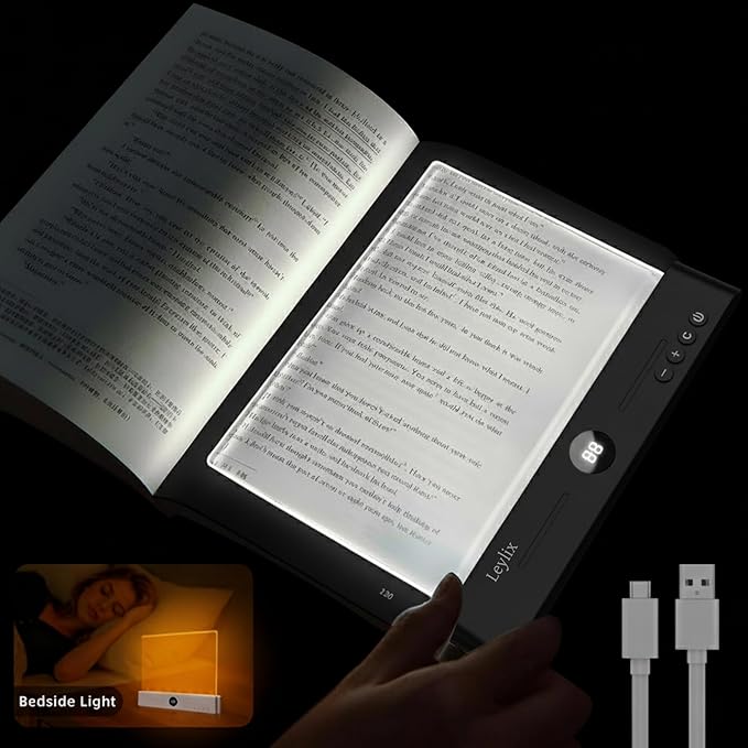 LED Flat Book Light for Reading in Bed, Eye-Caring Books Lights, 3 Color Temperatures & Stepless Dimmable, Portable Flat Panel Lamp Page, USB Rechargeable Night Light for Kids & Adults (Black)