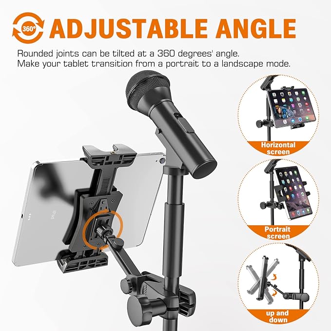 Tablet Holder for Microphone Stand, Mic Stand Tablet Holder for iPad, 360° Adjustable Clip-on Phone Mount for Shee Music Stand, Fits Devices from Screen Size 4.7 to 12.9”