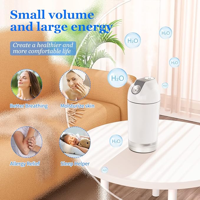 Mini Humidifier-Battery Operated 480ml Cordless Portable Small Humidifier USB Rechargeable Personal Desktop Humidifiers With Night Light & 4 Spray Modes for Car, Baby, Plants (White, 2600mAh)