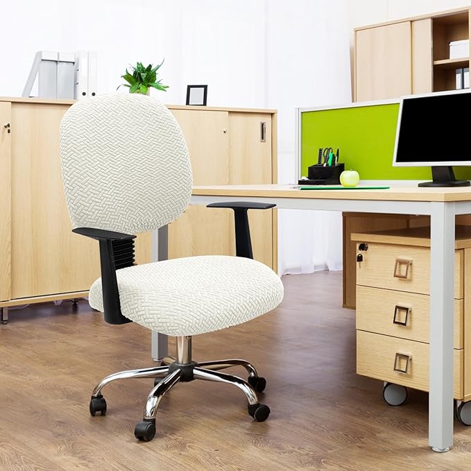 MIFXIN Computer Office Chair Cover Stretch Elastic Slipcover 2 Piece Jacquard Computer Chair Seat Covers Furniture Protector for Office Home, Only Covers No Chair (White)